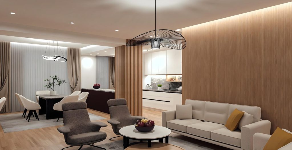 Modern living space featuring structured furniture layout, clean lines, and long-lasting interior design principles