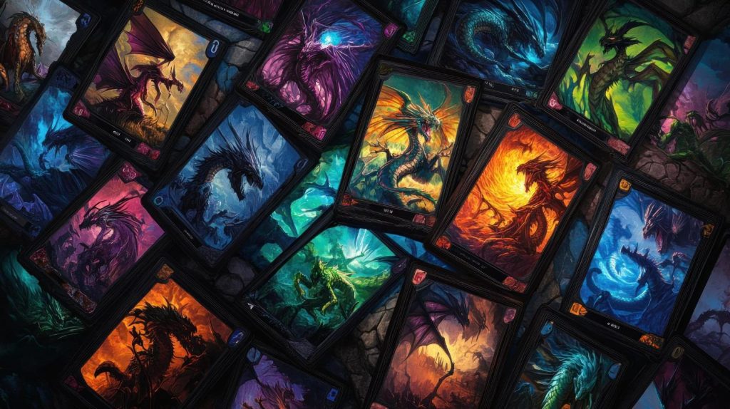 Colorful fantasy trading card game cards arranged in a grid, displaying detailed dragon and creature artwork across multiple elemental themes