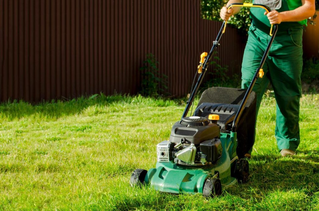 Homeowner using a lawn mower to maintain grass and manage green waste in a residential yard